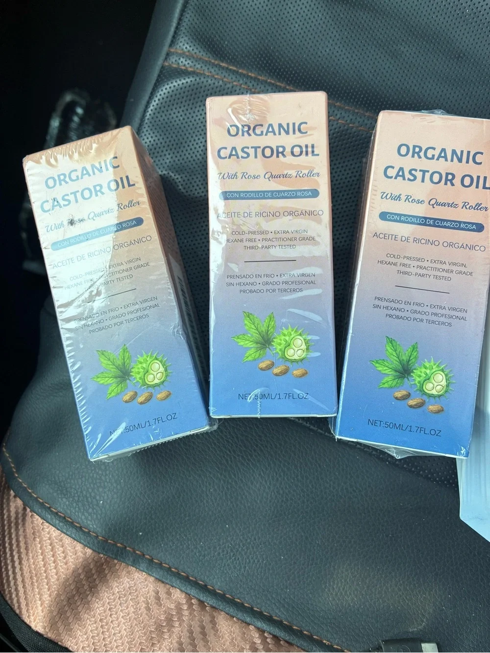 3 packs of Organic Castor Oil with Rose Quartz Roller - Natural Hair & Skin Care